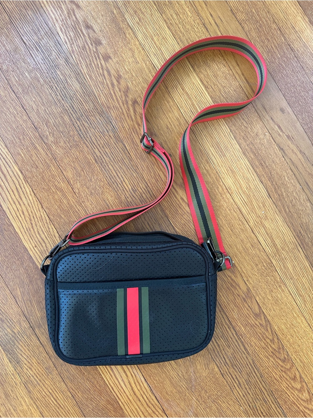 Black Crossbody Bag with Red and Green Stripe - Haute Shore